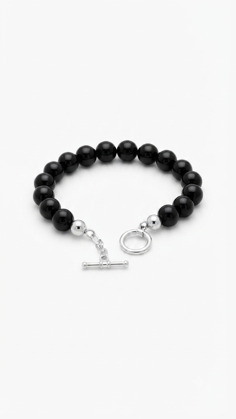 925 Sterling Silver 10mm Onyx Bead Bracelet