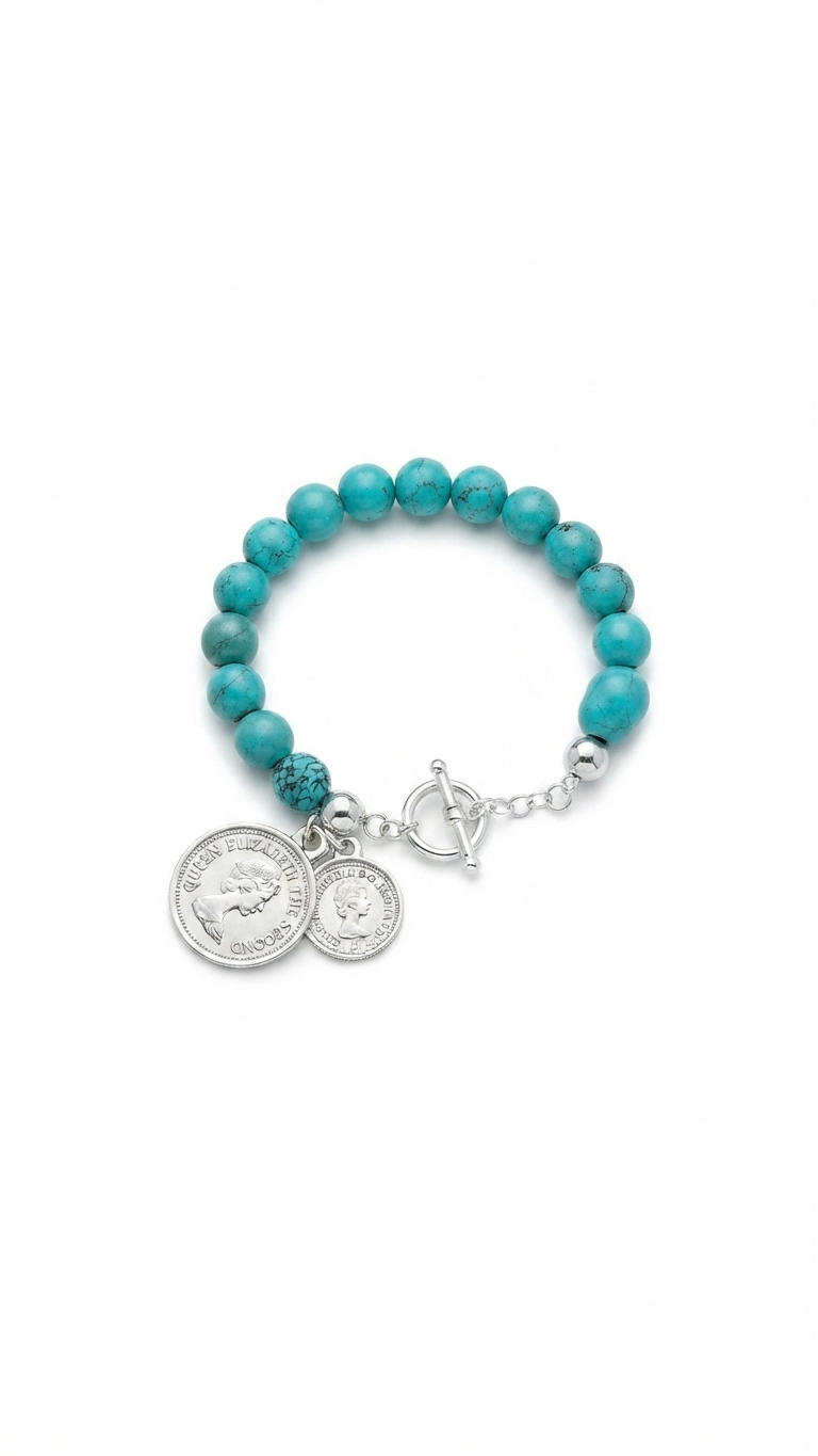 925 Sterling Silver 10mm Turquoise English Coin Bracelet