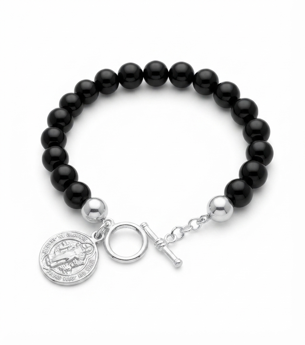 925 Sterling Silver 8mm onyx St Christopher Bracelet