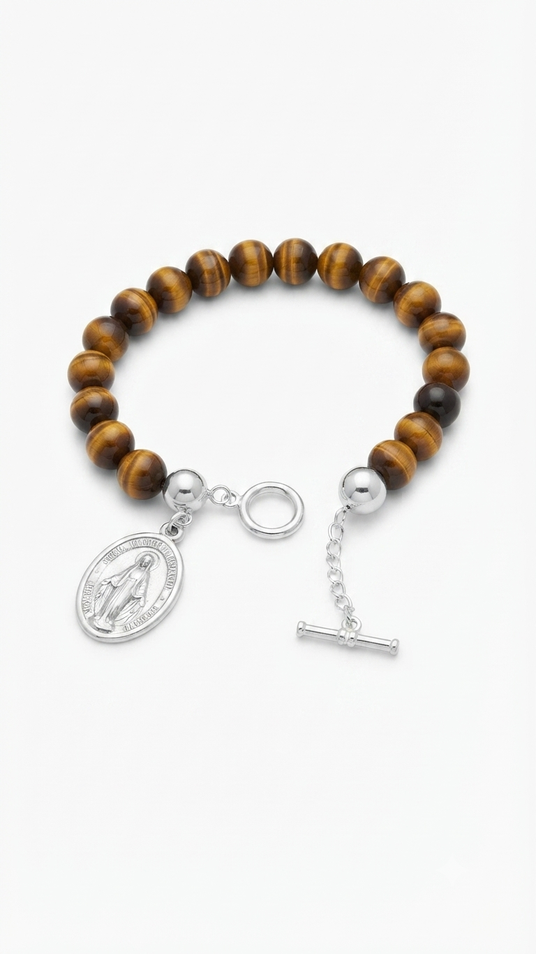 925 Sterling Silver 8mm Tiger Eye Virgin Mary Bracelet