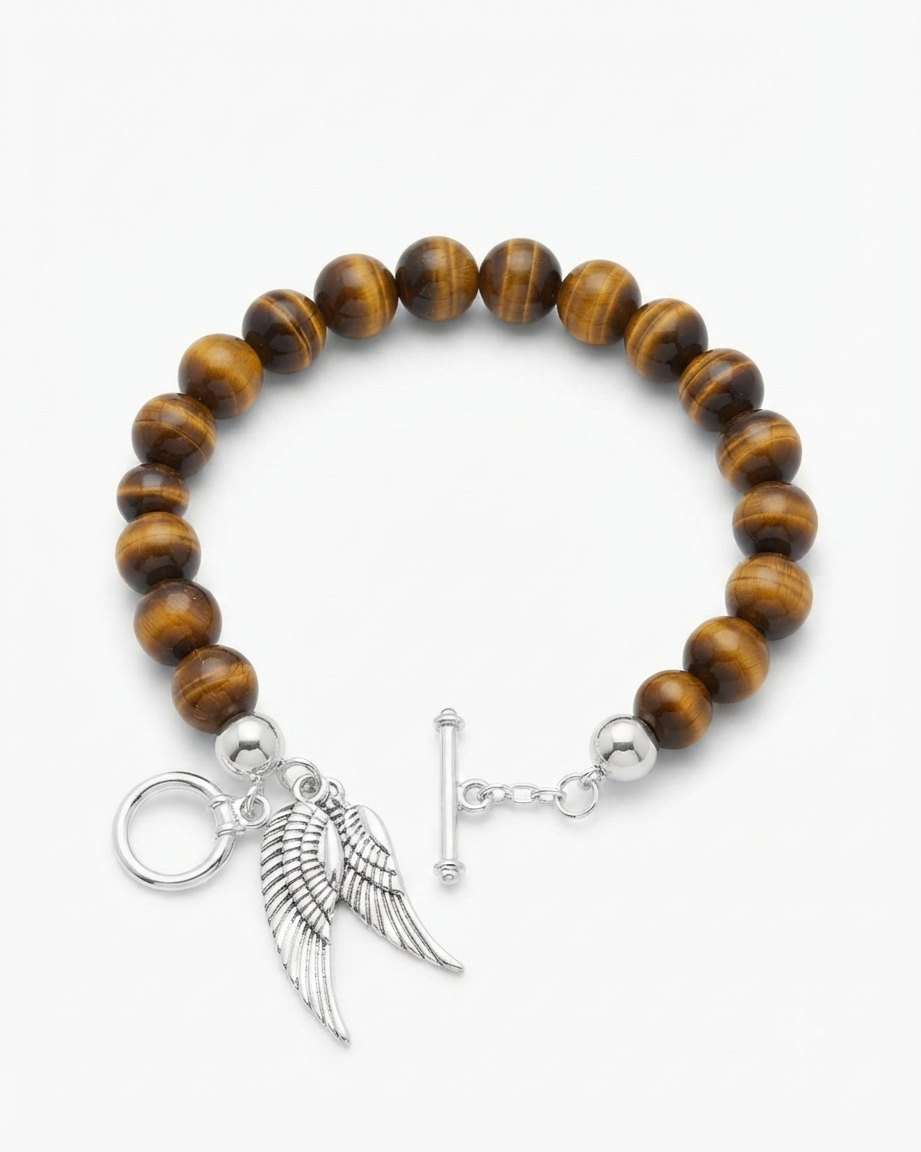 925 Sterling Silver 8mm Tiger Eye Wings Bracelet