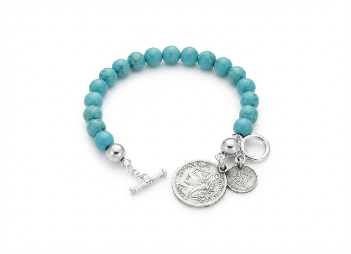 925 Sterling Silver 8mm Turquoise French Coin Bracelet