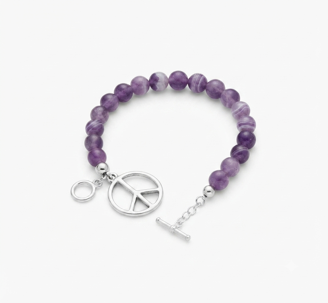 925 Sterling Silver 8mm Amethyst Peace Bracelet