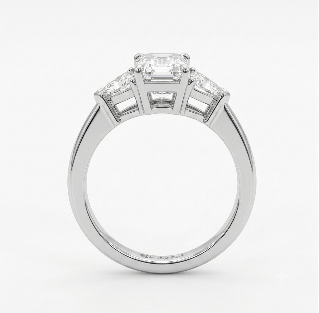3 Stone White gold Emerald/Trilliant Cut Diamond Ring