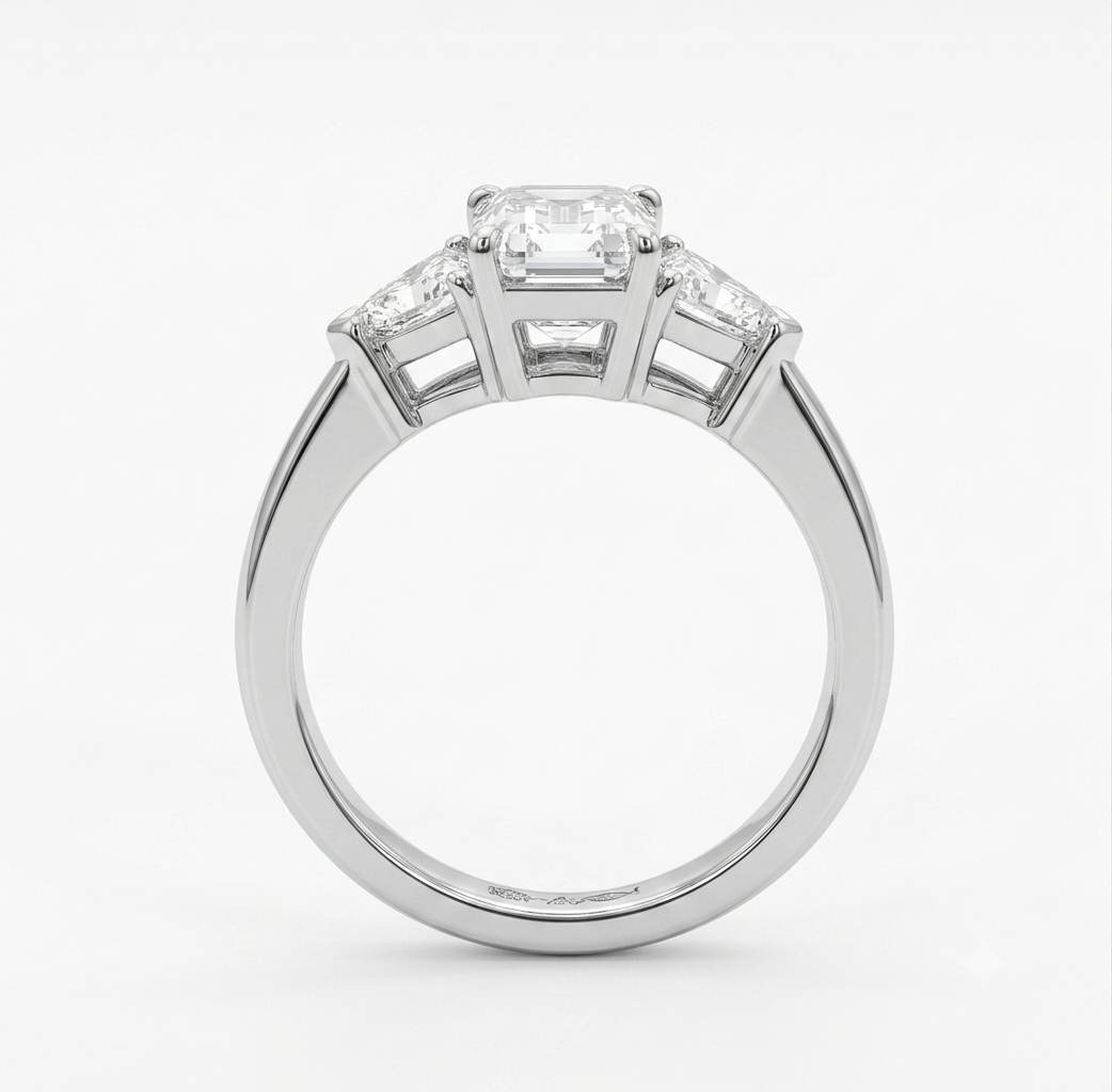3 Stone White gold Emerald/Trilliant Cut Diamond Ring