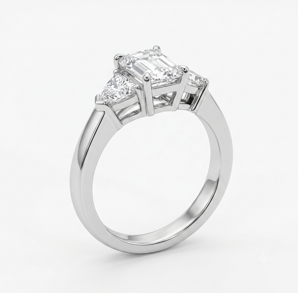 3 Stone White gold Emerald/Trilliant Cut Diamond Ring