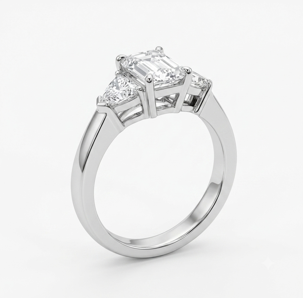 3 Stone White gold Emerald/Trilliant Cut Diamond Ring
