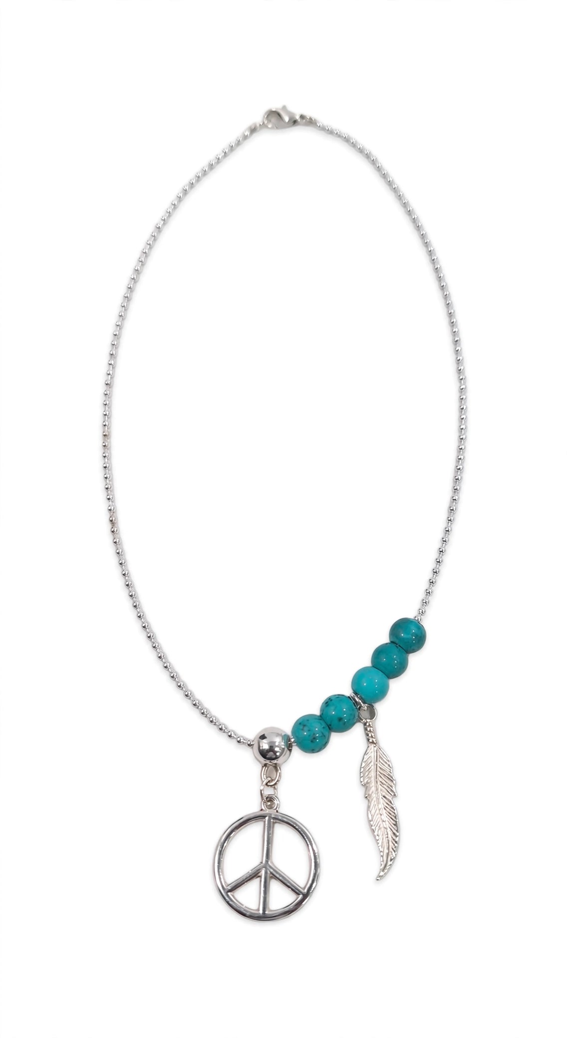 925 Sterling Silver Peace & Feather Turquose Necklace